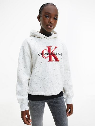 Calvin Klein Ruhák HU340771 | Calvin Klein Embroidered Logo Lány Kapucnis Pulóver Fehér / Szürke